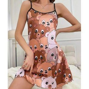 Cute Bear Print Lettuce Trim Slip Nightdress, Round Neck Backless Sleep Dress